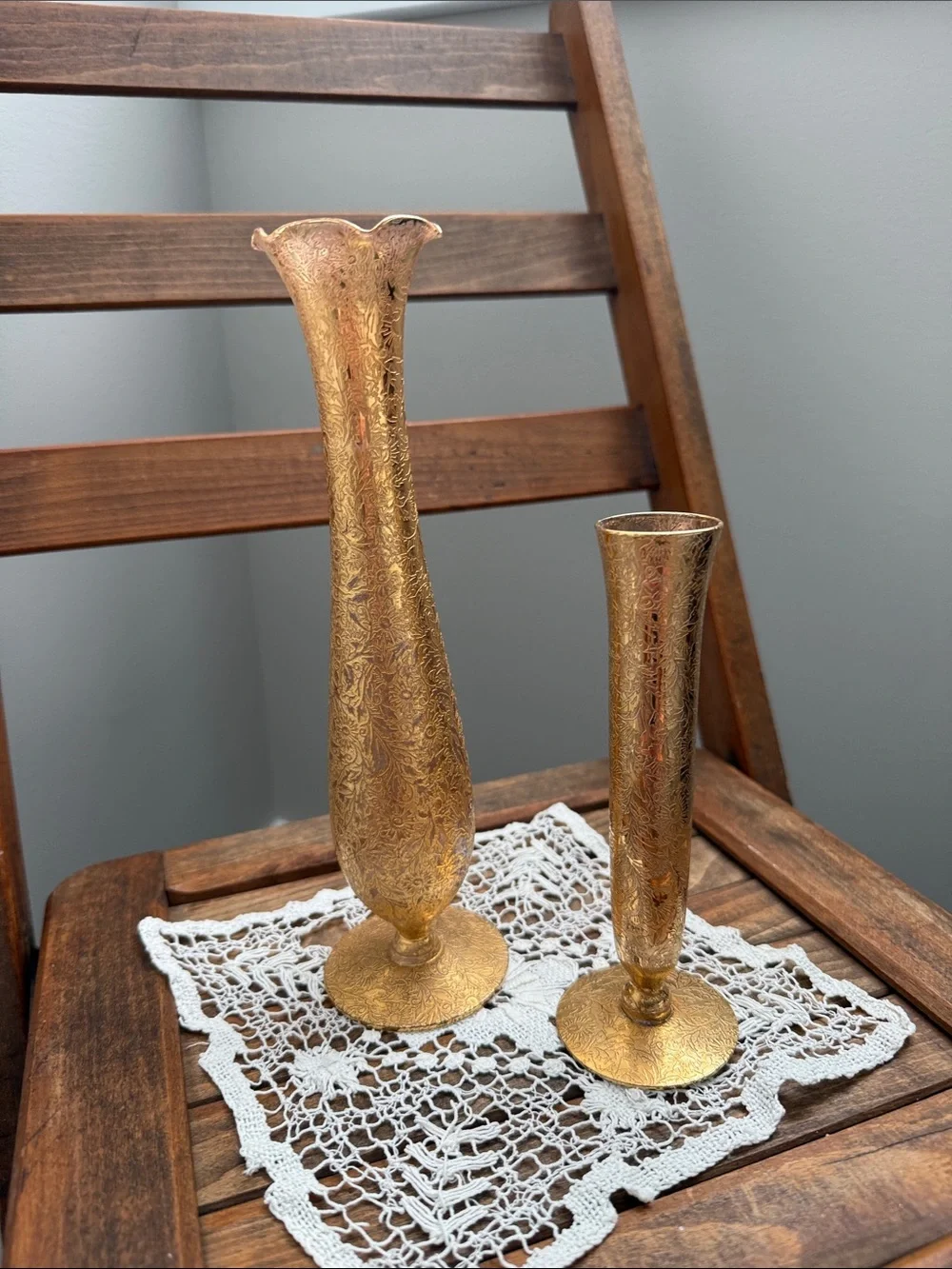 Vintage Gold Encrusted Etched Glass Bud Vases Pair Floral Bohemian Style